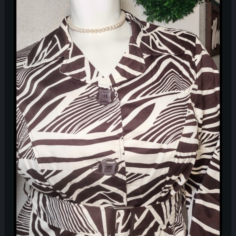 New! Cotton Ashley Stewart Brown Print Trench Jacket And Puffy purse - Picture 6 of 12